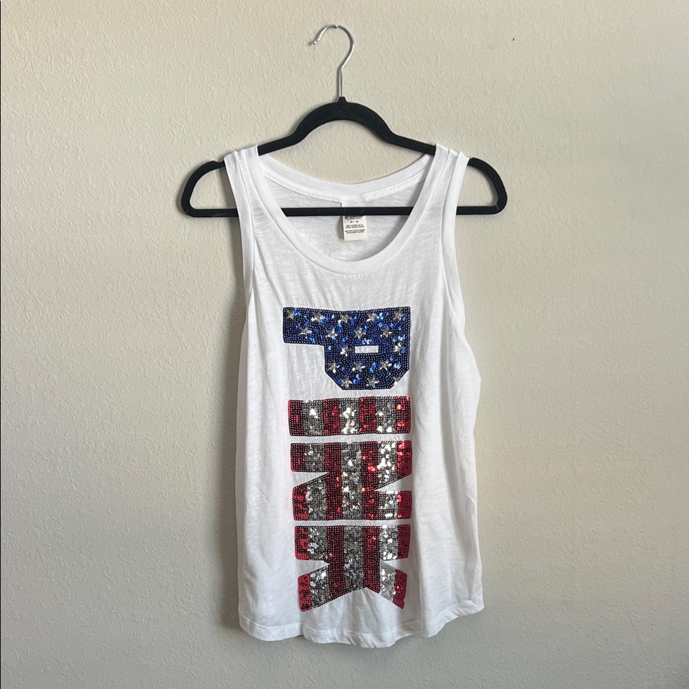 PINK Victoria's Secret White Tank Top with Red and Blue Sequins